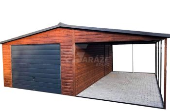 Plechová garáž 4x6 + prístrešok 3m - výklopná brána - dvere - imitácia dreva - strecha dvojspádová (sedlová) - škridľoplech GP88