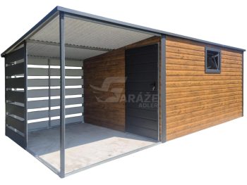 Záhradný domček 4x2,5m + prístrešok 2m - dvere - okno - orech svetlý - imitácia dreva - strecha spád dozadu - rýna okapová GP695