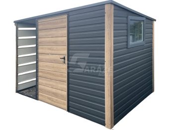 Záhradný domček 2x2m - prístrešok 1m - dvere - okno - imitácia dreva - winchester - imitácia dreva - antracit - strecha spád dozadu  GP690