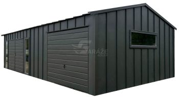Plechová garáž 9x6 m - Dvojkrídlové dvere - výklopná brána - 3x okno - falcovaný plech - strecha dvojspádová (sedlová) GP687