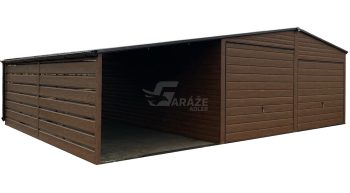 Plechová garáž 6x6m - prístrešok 3m - 2x výklopná brána - orech tmavý - imitácia dreva - strecha dvojspádová (sedlová) - rýna okapová GP682