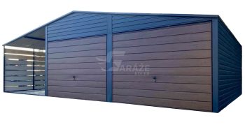 Plechová garáž 6x6m - prístrešok 3m - 2x výklopná brána - antracit - orech tmavý - imitácia - dreva strecha dvojspádová (sedlová) GP681