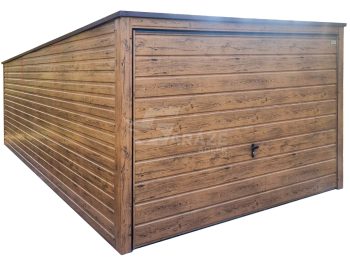 Plechová garáž 3x6m - výklopná brána - orech svetlý - imitácia dreva - strecha spád dozadu  GP675
