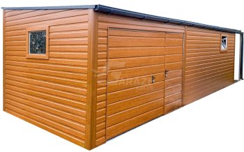 Plechová garáž 3x7m - prístrešok 1m - brána - dvere - 2x okno - orech svetlý - imitácia dreva - rýna okapová - strecha spád dopredu  GP676
