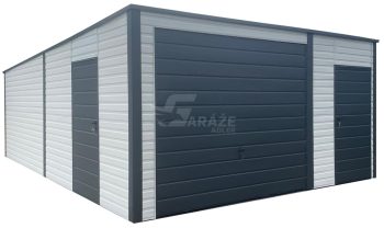 Garaż blaszany 5x6m - brama  uchylna - 2x drzwi antracyt - biały - dach spad w tył  GP679