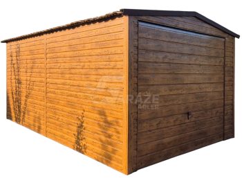 Plechová garáž 3,5x6m - výklopná brána - orech svetlý - imitácia dreva - škridľoplech - strecha dvojspádová (sedlová) GP673