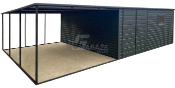 Plechová garáž 5x4m + prístrešok 4m - Dvojkrídlové dvere - okno - antracit - strecha spád dozadu GP665