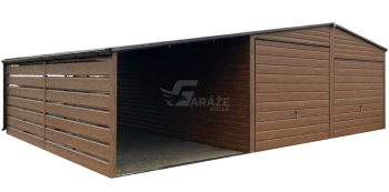 Plechová garáž 6x6m - prístrešok 3m - 2x výklopná brána - orech tmavý - imitácia dreva - strecha dvojspádová (sedlová) - rýna okapová GP657