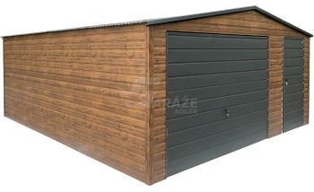 Plechová garáž 5x6m - výklopná brána - dvere - okno - orech tmavý - imitácia dreva - antracit - strecha dvojspádová (sedlová) GP653