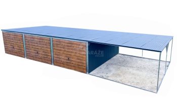 Plechová garáž 9x6 + prístrešok 3x6 - 3x výklopná brána - antracit + orech svetlý - strecha spád dozadu GP226