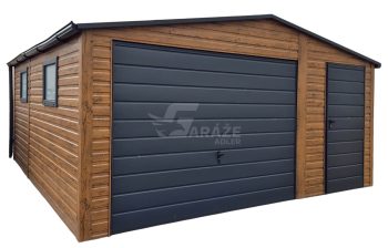 Plechová garáž 4,5x5 - výklopná brána - dvere - 2x okno - orech svetlý - imitácia dreva - antracit strecha dvojspádová (sedlová) - rýna okapová GP632