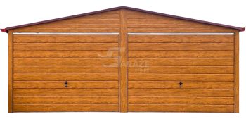 Plechová garáž 6x6 - 2x výklopná brána - 2x okno - dvere - orech svetlý - imitácia dreva - strecha dvojspádová (sedlová) - rýna okapová GP633