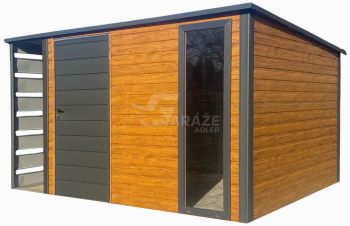 Záhradný domček 3,5x3m + prístrešok 0,7m - dvere - okno - orech svetlý - imitácia dreva - antracit - strecha spád dozadu GP607