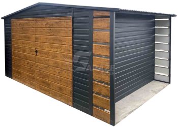 Záhradný domček 4x3m + prístrešok 0,5m - Dvojkrídlové dvere - orech svetlý - antracit - imitácia dreva - strecha dvojspádová (sedlová) GP603