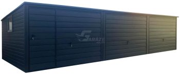 Plechová garáž 9,5x5,5m - 3x výklopná brána - dvere - okno - antracit - strecha spád dozadu GP600