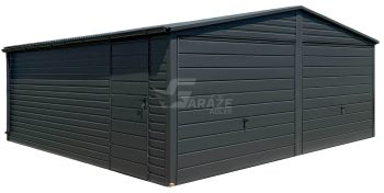 Plechová garáž 6x6m - 2x výklopná brána - dvere - antracit - strecha dvojspádová (sedlová) - rýna okapová GP595