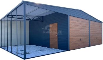 plechová garáž 6x6m + prístrešok 3m - 2x výklopná brána - dvere - antracit - orech tmavý - strecha dvojspádová (sedlová) GP585