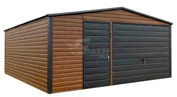 plechová garáž 5x6m - výklopná brána - orech tmavý - imitácia dreva - strecha dvojspádová (sedlová) GP591