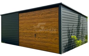 plechová garáž 5x4 - výklopná brána - antracit + orech svetlý - imitácia dreva - strecha spád dozadu GP590