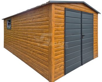 plechová garáž 3x4m - dvojkrídlové dvere - okno - orech svetlý - imitácia dreva - strecha dvojspádová (sedlová) GP580