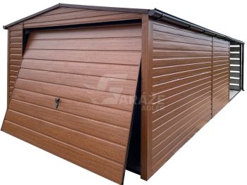 plechová garáž 3,5x4,5 + prístrešok 3,5x2m - výklopná brána - okno - orech svetlý - imitácia dreva strecha dvojspádová (sedlová) - rýna okapová GP572