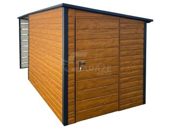 Záhradný domček 3x2m + prístrešok 3m - dvere - orech svetlý - strecha spád dozadu GP552