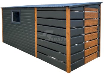Záhradný domček 3x2m + prístrešok 2m - 2x dvere - okno - orech svetlý - strecha spád dozadu GP554