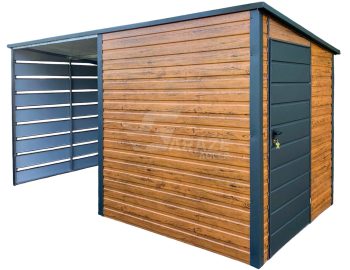Záhradný domček 2x2m + prístrešok 2m - dvere - orech svetlý - strecha spád dozadu GP547