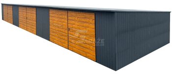Radové garáže - Plechová garáž 18x5m - 3x Dvojkrídlové dvere - dvere - orech svetlý - imitácia dreva - antracit - strecha spád dozadu GP525