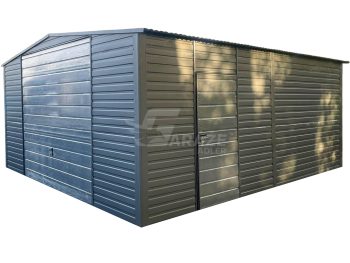 Plechová garáž 5x5,5m - výklopná brána - dvere - antracit - strecha dvojspádová (sedlová) GP522
