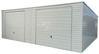 Plechová garáž 8x7m - 2x výklopná brána - biela - rýna okapová - strecha spád dozadu GP524