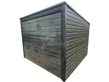 Plechová garáž 3x3,5m - výklopná brána - dvere - okno - nórska borovica - antracit - rýna okapová - strecha spád dozadu GP486