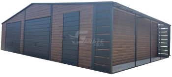 Plechová garáž 10x6m + prístrešok 1m - 2x výklopná brána - 2x okno - dvere - nórska borovica - orech svetlý - imitácia dreva - rýna okapová - strecha dvojspádová (sedlová) GP455