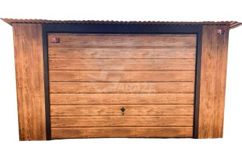 Plechová garáž 4x6 - výklopná brána - dvere - imitácia dreva - strecha spád dozadu GP113