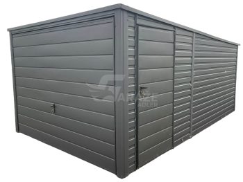 Garaż blaszany 3x5m  Brama uchylna + drzwi  Antracyt Dach spad w tył GP229