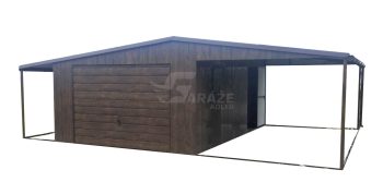 Plechová garáž 4x6 + 2x prístrešok - výklopná brána - dvere - škridľoplech - orech tmavý - imitácia dreva - rýna okapová - strecha dvojspádová (sedlová) GP253