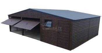 Plechová garáž 9x6 - 2x výklopná brána - dvere - okno - orech tmavý - imitácia dreva - strecha dvojspádová (sedlová) GP280