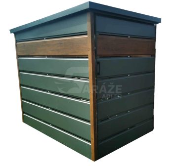 Prístrešok na smetné koše 1,3x2m - zelená + imitácia dreva - úložný box - strecha spád dozadu GP291