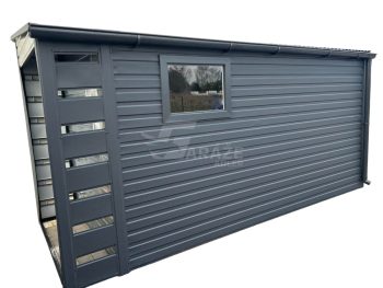 Záhradný domček 2x4 + prístrešok 2m - dvere - okno - rýna okapová - antracit - strecha spád naľavo GP353