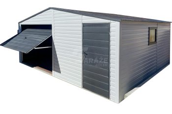 Plechová garáž 6x5m - výklopná brána - dvere - okno - biela + antracit - strecha dvojspádová (sedlová) GP362