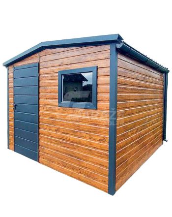 Záhradný domček 3x4m - dvere - okno - orech svetlý - imitácia dreva - antracit - škridľoplech - rýna okapová - strecha dvojspádová (sedlová) GP462