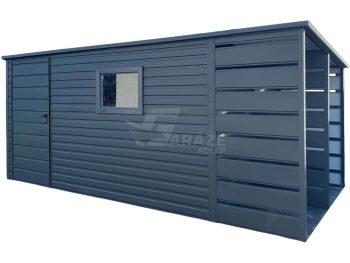 Záhradný domček 3,8x2,5m + prístrešok 1,2m - dvere - okno - antracit - strecha spád dozadu GP459