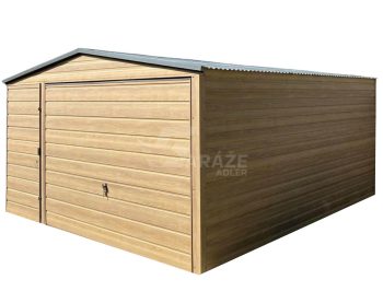 Plechová garáž 4x5m - výklopná brána - dvere - imitácia dreva - winchester - imitácia dreva - strecha dvojspádová (sedlová) GP453