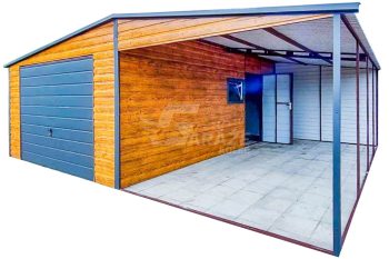 Plechová garáž 4x6m + prístrešok 4x6m - výklopná brána - okno - dvere - orech svetlý - antracit - imitácia dreva - strecha dvojspádová (sedlová) GP431