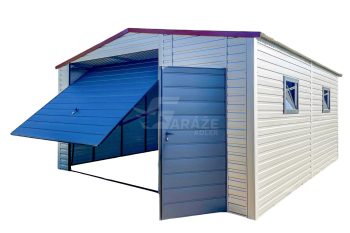 Plechová garáž 5x6m - výklopná brána - dvere - 2x okno - Strieborná - višňa - antracit - strecha dvojspádová (sedlová) GP416