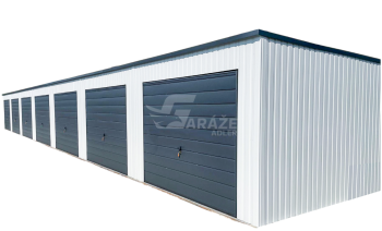 Rad garáží 28x5,5m - 7x výklopná brána - biela - antracit - strecha spád dozadu GP489