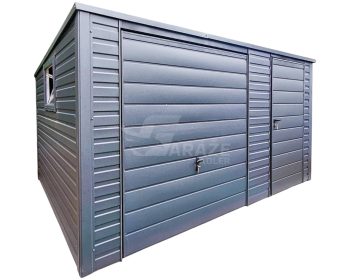Plechová garáž 4,5x4m - výklopná brána - dvere - 2x okno - antracit - strecha spád dozadu GP420