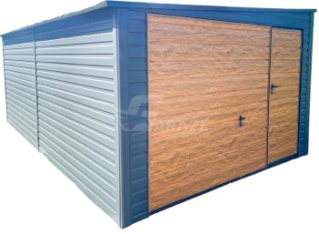 Plechová garáž 4x6m - výklopná brána - dvere - orech svetlý - antracit - imitácia dreva - strecha spád nabok GP406