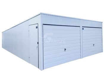 Plechová garáž 6x7 - 2x výklopná brána - dvere - biela - strecha spád dozadu GP140