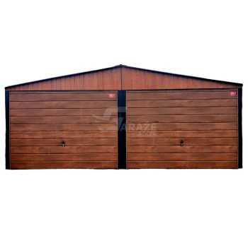 Plechová garáž 6x7 - 2x výklopná brána - orech svetlý - imitácia dreva - strecha dvojspádová (sedlová) GP150